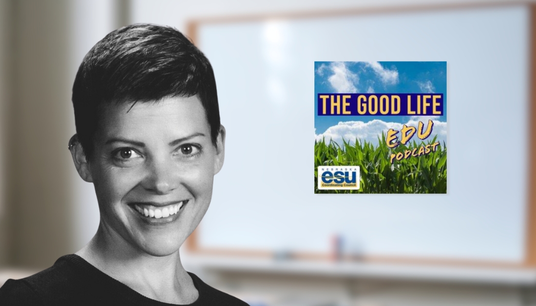 Black and white headshot of KK Neimann in front of a blurred out photo of a whiteboard in a classroom. Next to her is the Good Life EDU Podcast logo