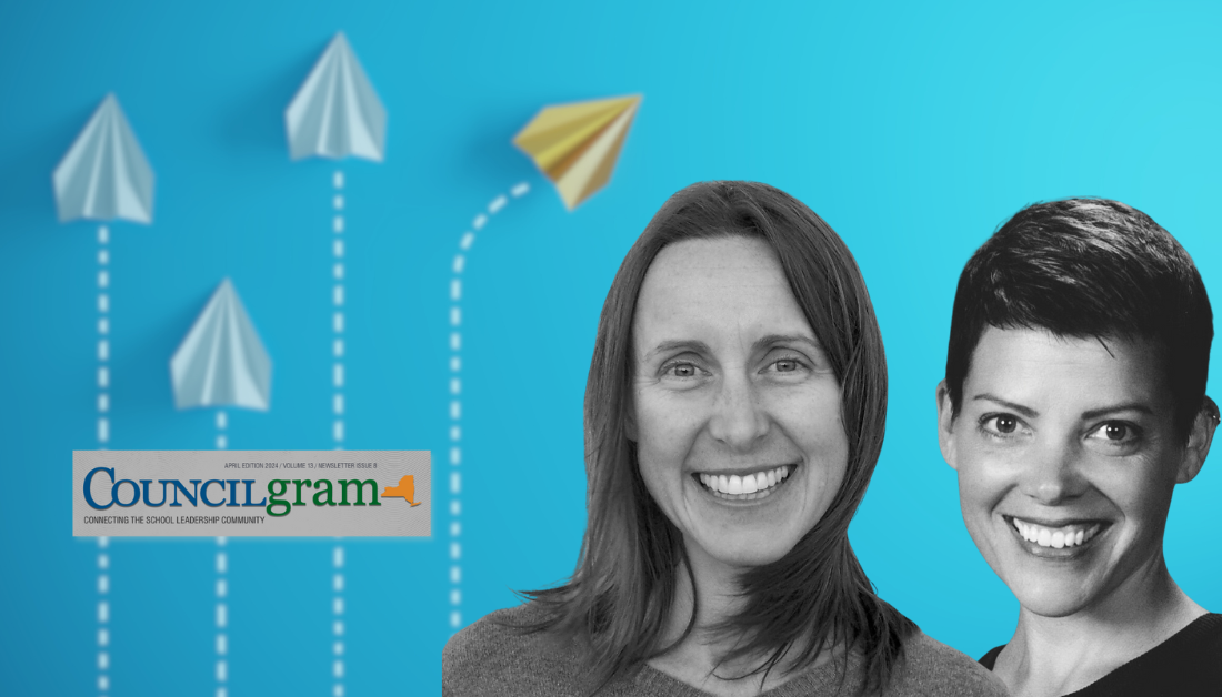 Headshots of KK Neimann and Melanie Peterson-Nafziger over a blue blackground with white paper airplanes going one direction and one yellow paper airplane going in its own direction